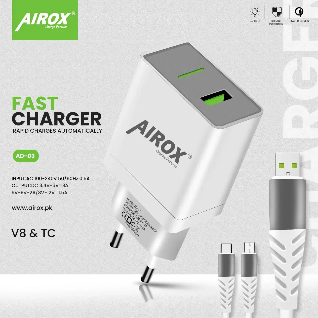Airox AD03: 18W Fast Charging Adapter with VOOC Support & Variable Cable Options 2