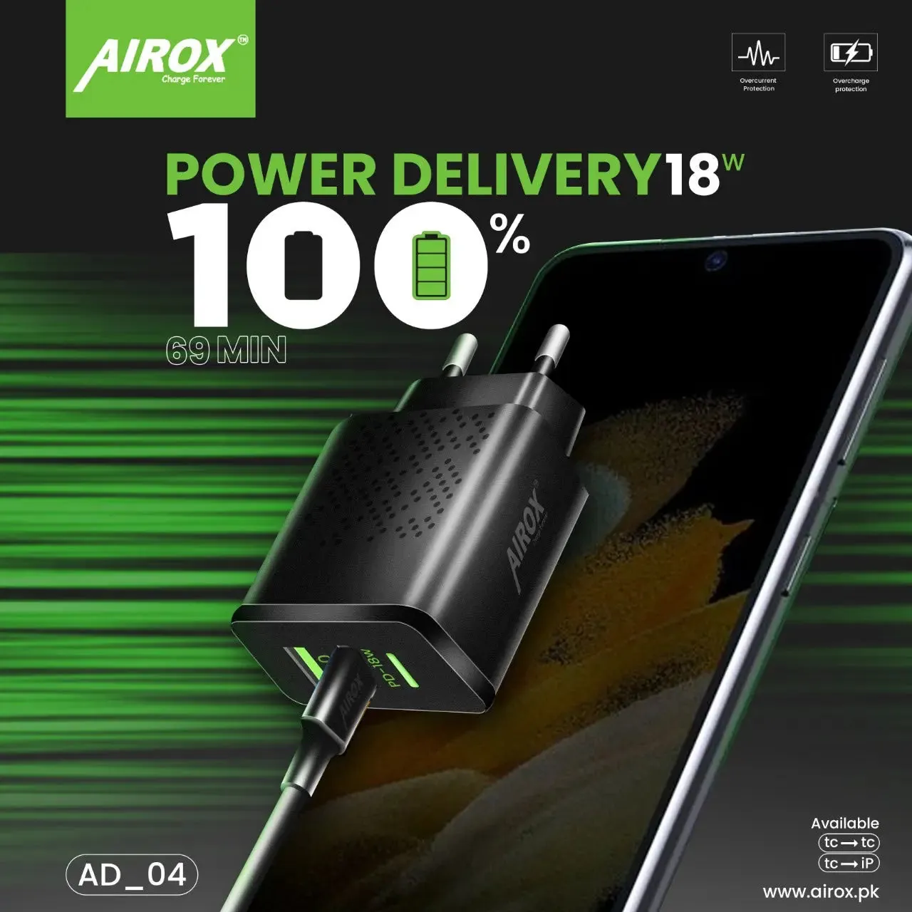 Airox AD04: 18W Dual-Port PD Fast Charger with Integrated Type-C Cable 2