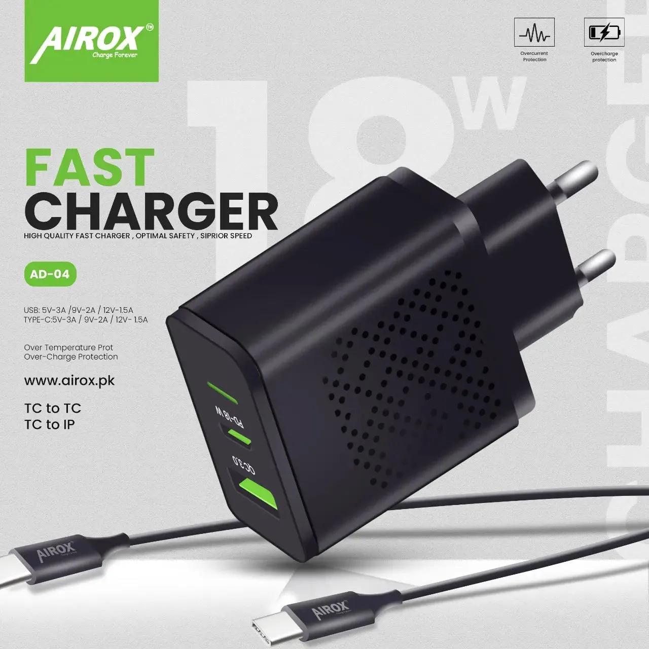 Airox AD04: 18W Dual-Port PD Fast Charger with Integrated Type-C Cable 4
