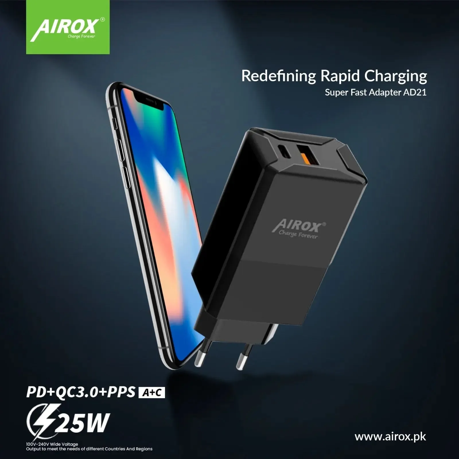 Airox AD21: 25W Dual-Port Super Fast Charger with PD & USB Output 5