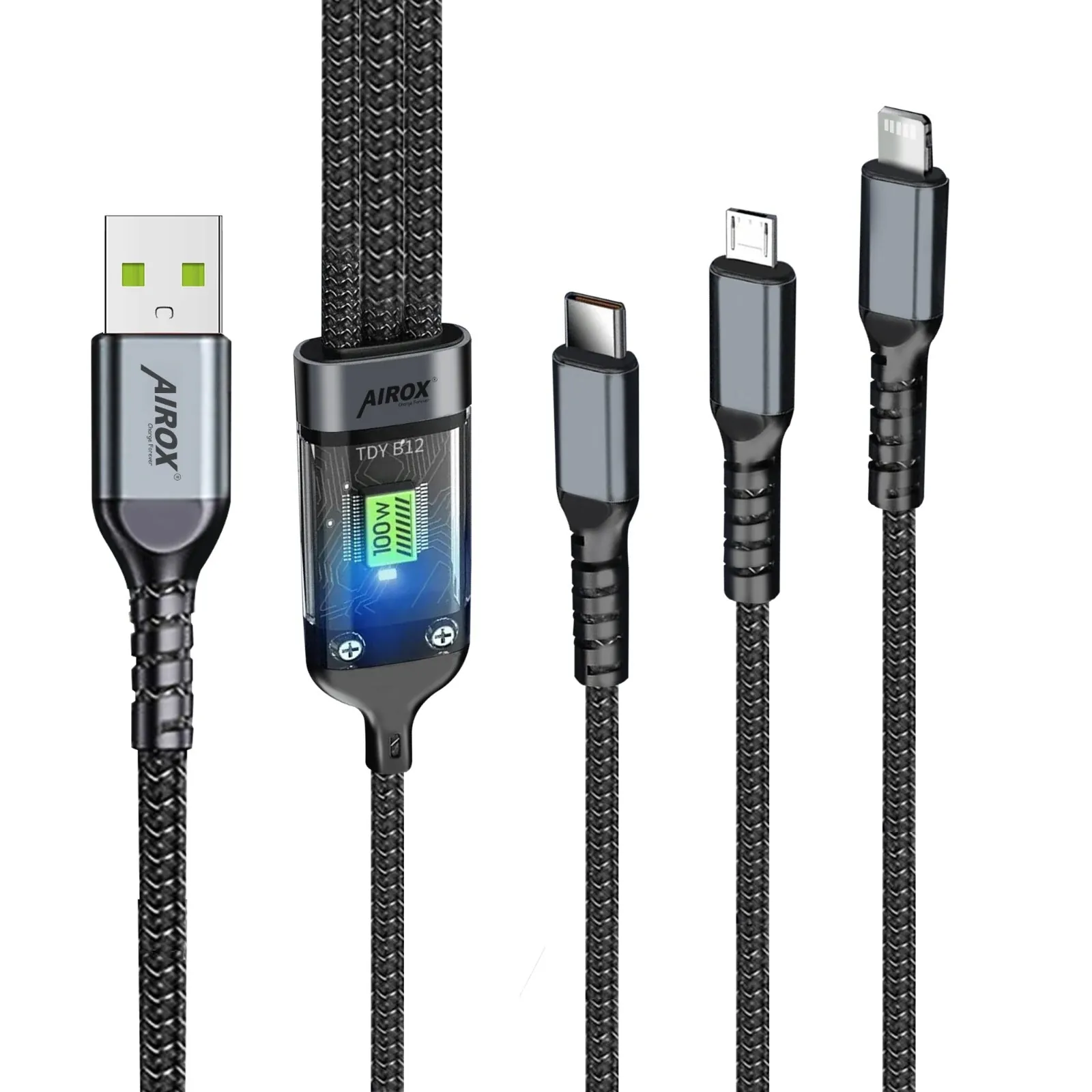 Airox CB100: 3-in-1 100W Super-Fast Charging Cable (USB-C, Lightning, Micro-USB) 2